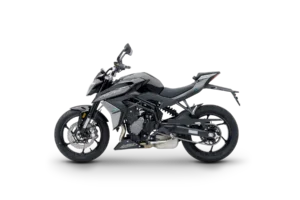 KOVE 450 R noire, trois quarts avant en studio sur fond blanc