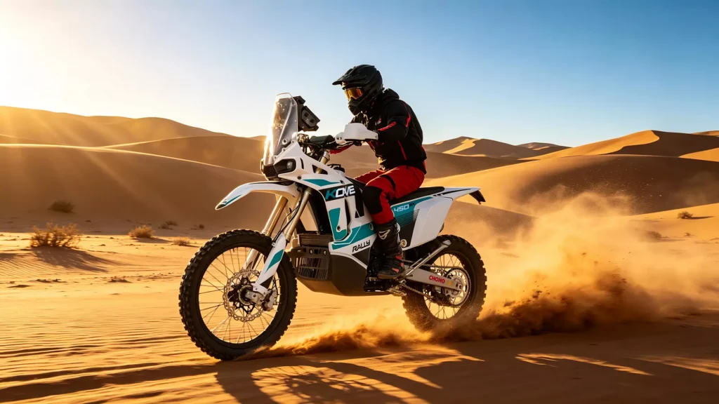 KOVE 450 Rally lancée dans les dunes, gerbe de sable