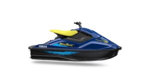 Jet-ski Yamaha JetBlaster bleu nuit et noir, trois quarts avant en studio sur fond blanc