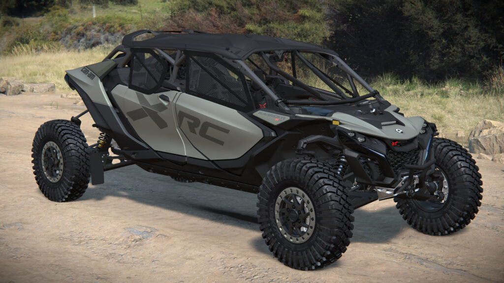 Can-Am Maverick R MAX X rc 2027 vert Loft satiné arrêté sur une piste de terre (rendu constructeur)