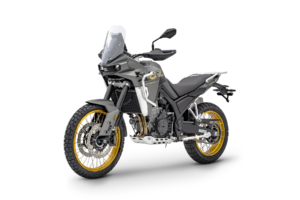 KOVE 800X Pro gris anthracite à jantes dorées, vue trois-quarts avant, tournée vers la gauche, détourée
