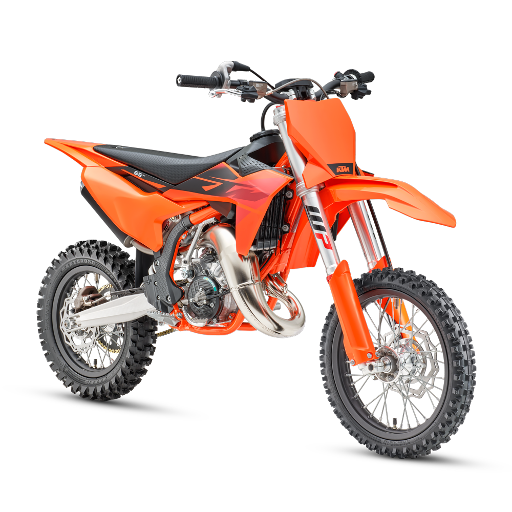 KTM 65 SX orange (millésime 2027), moto de cross enfant en vue trois-quarts avant, détourée