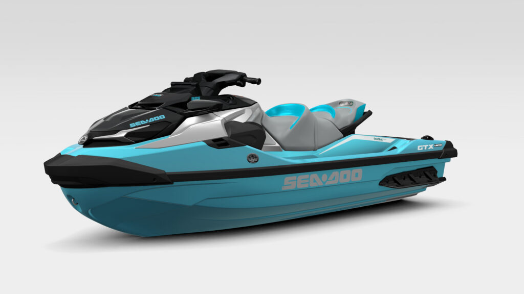 Sea-Doo GTX Limited 325 2026, vue trois quarts avant en studio, coque turquoise métallique