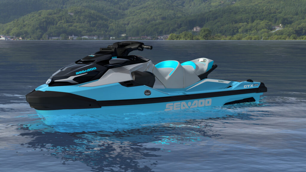 Sea-Doo GTX Limited 325 2026 turquoise métallique posé sur un lac (rendu constructeur)