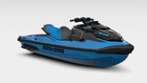 Sea-Doo RXT-X 325 2026, vue trois quarts avant en studio, bleu océan