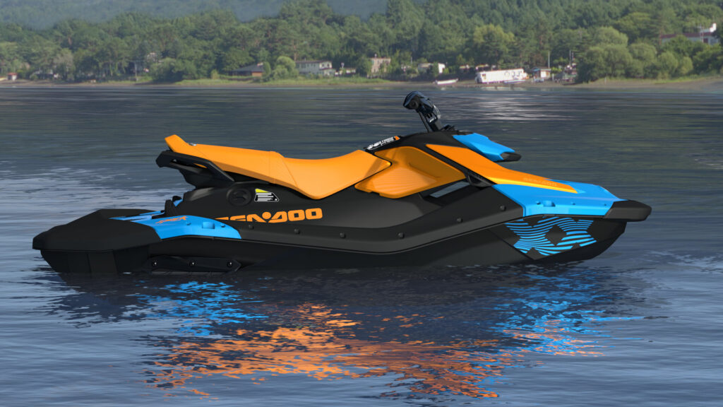 Sea-Doo Spark Trixx 3 places 2026 bleu océan et orange crush posé sur un lac (rendu constructeur)