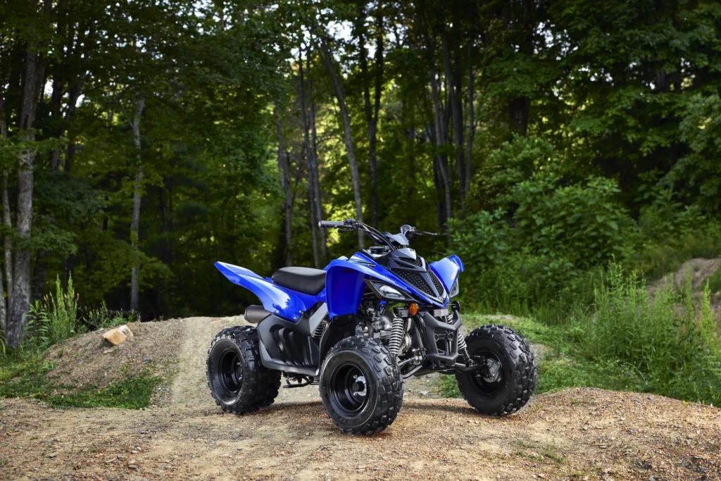 Yamaha Raptor 90 bleu arrêté sur une butte de terre en forêt