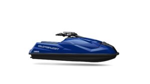 Jet-ski à bras Yamaha SuperJet bleu nuit et noir (millésime 2027) vu de profil sur fond blanc